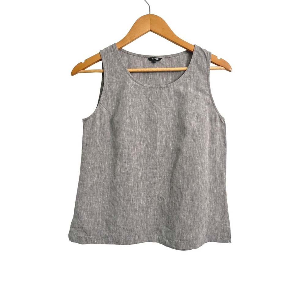 Vivid Linen 100% Linen Trapeze Tank Top XS Gray Sleeveless Lagenlook Coastal